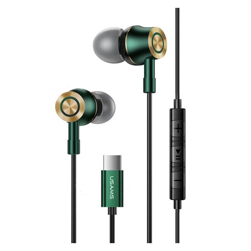 USAMS earphones με μικρόφωνο US-SJ482, USB-C, Φ10mm, 1.2m, πράσινα
