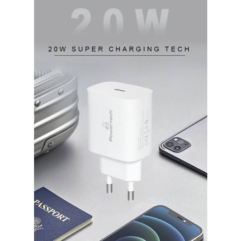 Powertech φορτιστής τοίχου PT-1091, USB-C, PD 20W, λευκός – φωτογραφία 2