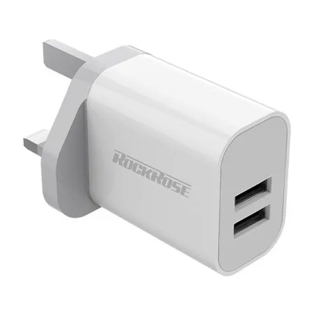 ROCKROSE φορτιστής τοίχου για πρίζα UK Casa A2, 2x USB, 2.4A 12W, λευκός