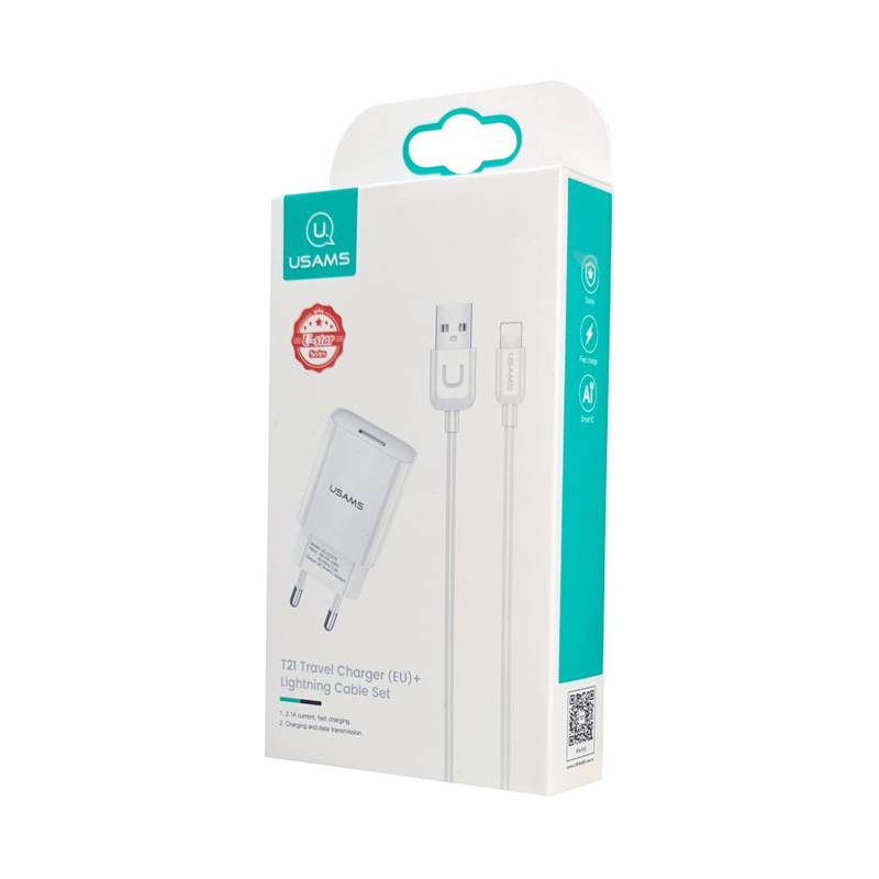 USAMS φορτιστής τοίχου T21OCLN01 με καλώδιο Lightning, USB 2.1A, λευκός – φωτογραφία 3