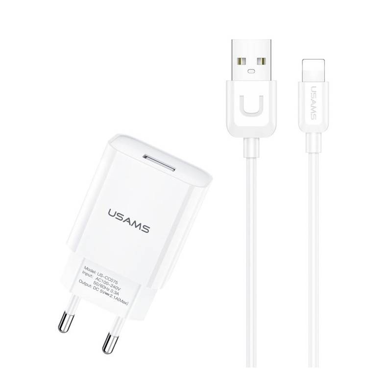USAMS φορτιστής τοίχου T21OCLN01 με καλώδιο Lightning, USB 2.1A, λευκός USAMS φορτιστής τοίχου T21OCLN01 με καλώδιο Lightning, USB 2.1A, λευκός