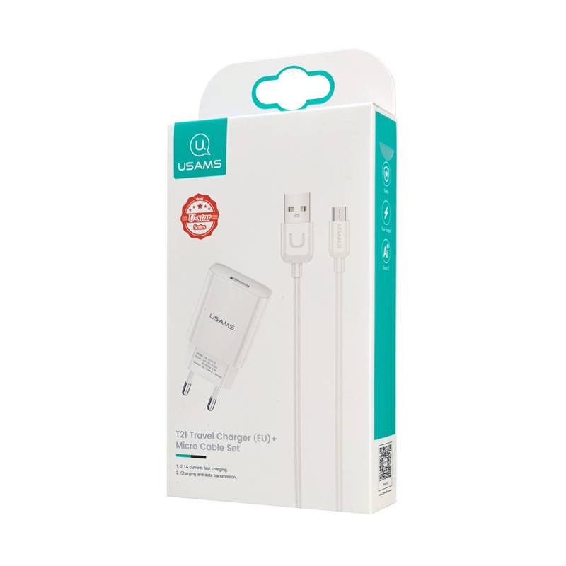 USAMS φορτιστής τοίχου T21OCMC01 με καλώδιο Micro USB, USB 2.1A, λευκός – φωτογραφία 3