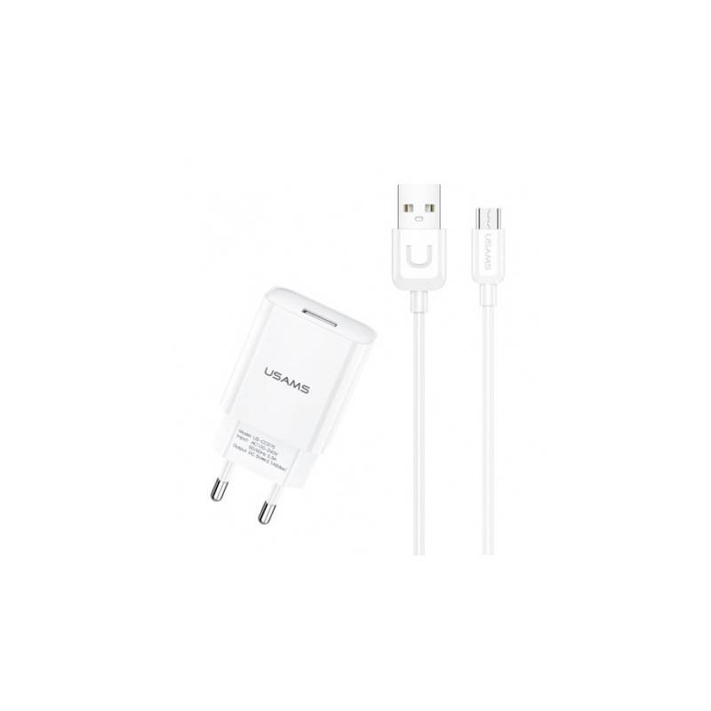 USAMS φορτιστής τοίχου T21OCMC01 με καλώδιο Micro USB, USB 2.1A, λευκός