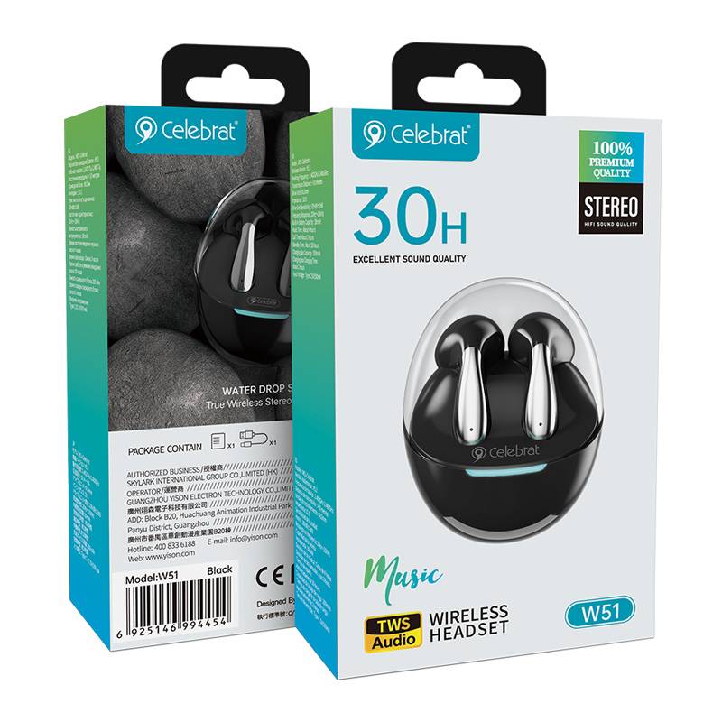 Celebrat earphones με θήκη φόρτισης W51, True Wireless, Φ13mm, μαύρα – φωτογραφία 5