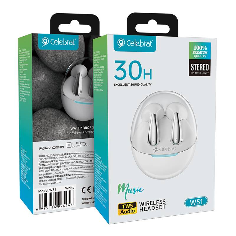 Celebrat earphones με θήκη φόρτισης W51, True Wireless, Φ13mm, λευκά – φωτογραφία 5