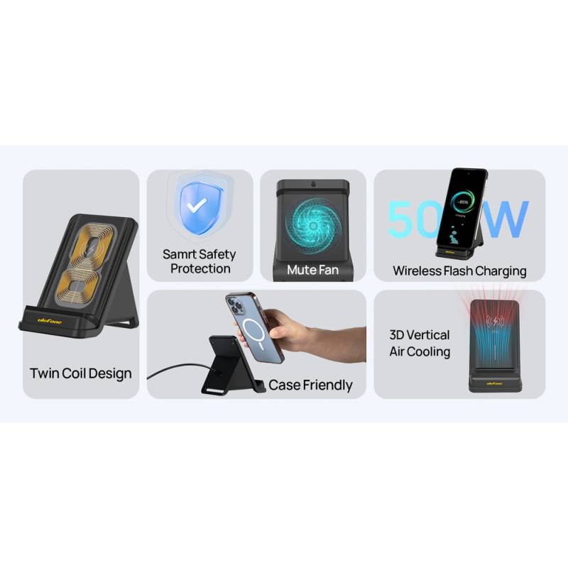 Ulefone ασύρματος φορτιστής & βάση smartphone WCS01, 50W, μαύρος – φωτογραφία 3
