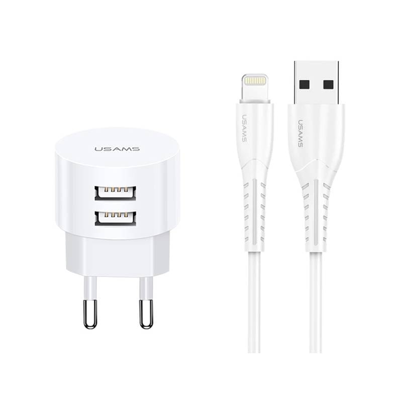 USAMS φορτιστής τοίχου T20 & καλώδιο Lightning, 2x USB, 2.1A, λευκός