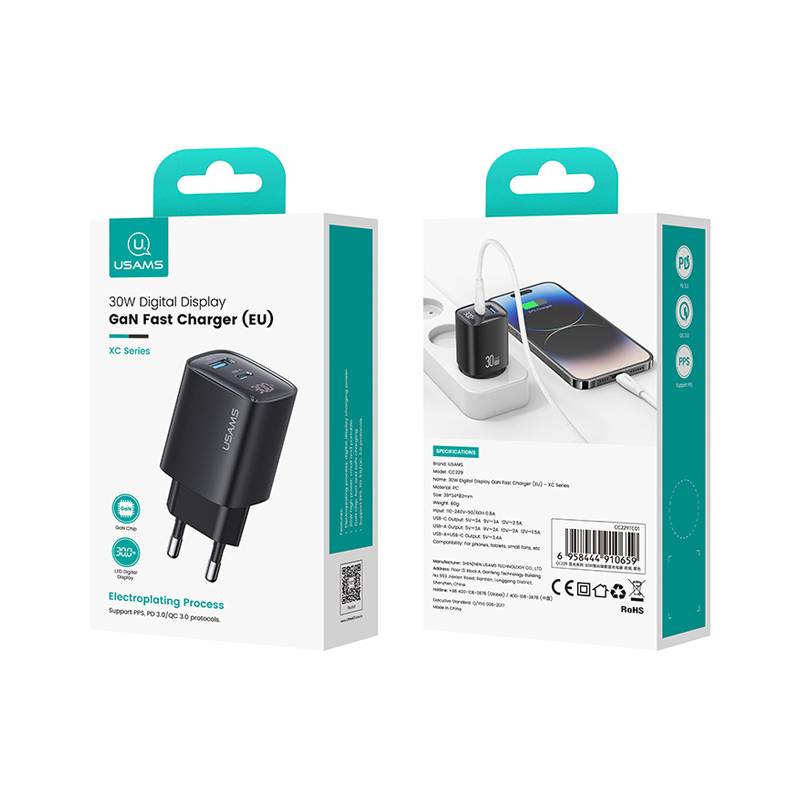 USAMS φορτιστής τοίχου US-CC229, USB & USB-C, 30W, GaN, μαύρος – φωτογραφία 5