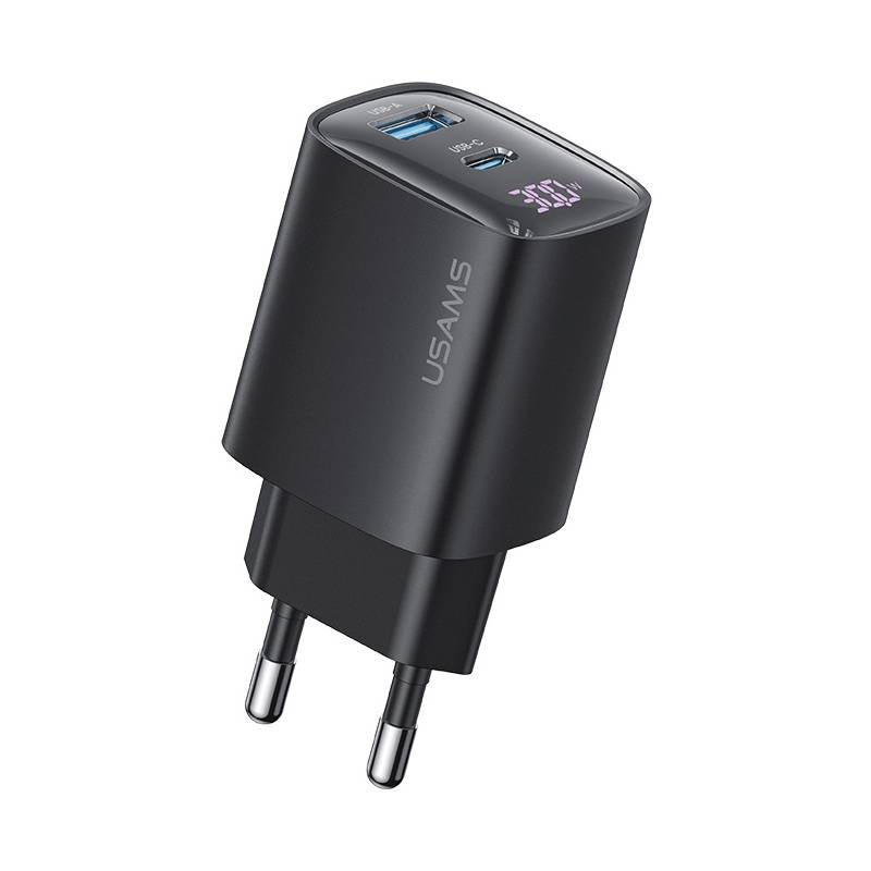 USAMS φορτιστής τοίχου US-CC229, USB & USB-C, 30W, GaN, μαύρος