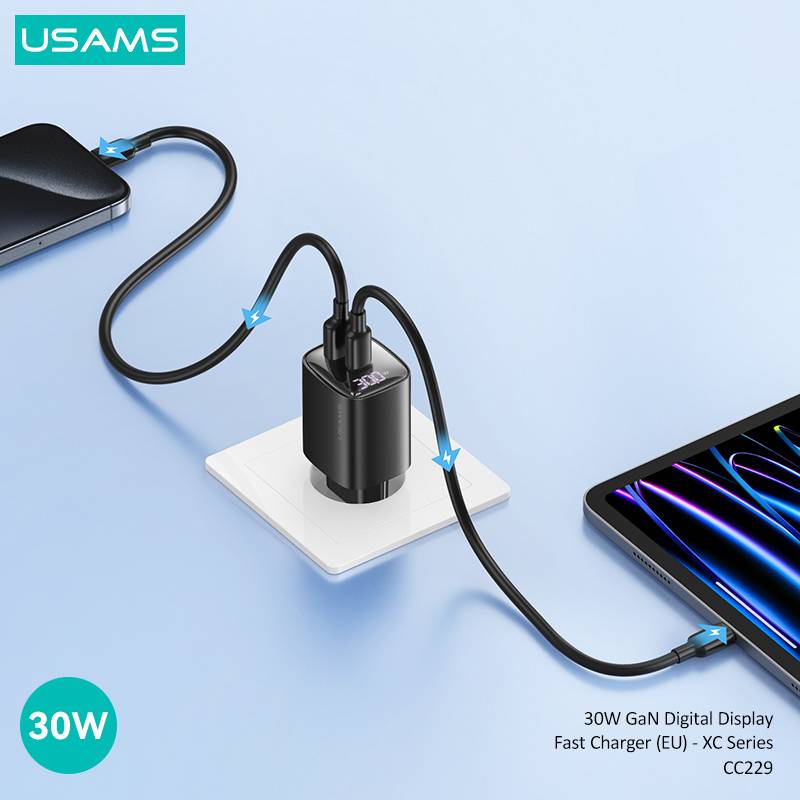 USAMS φορτιστής τοίχου US-CC229, USB & USB-C, 30W, GaN, λευκός – φωτογραφία 3