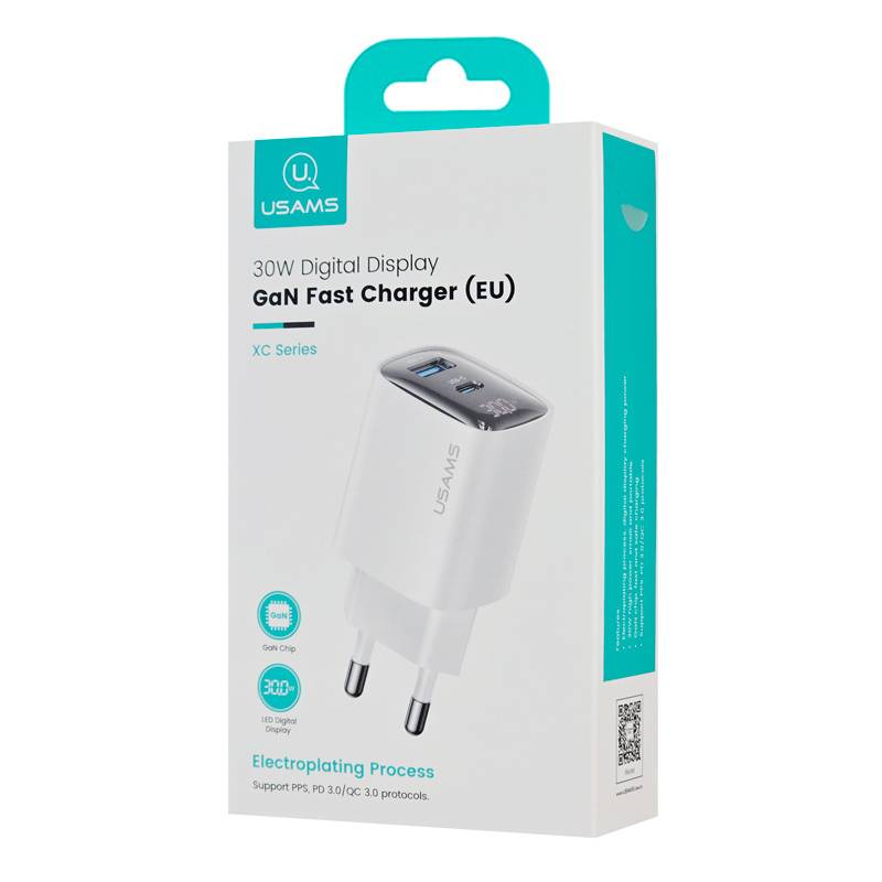 USAMS φορτιστής τοίχου US-CC229, USB & USB-C, 30W, GaN, λευκός – φωτογραφία 5
