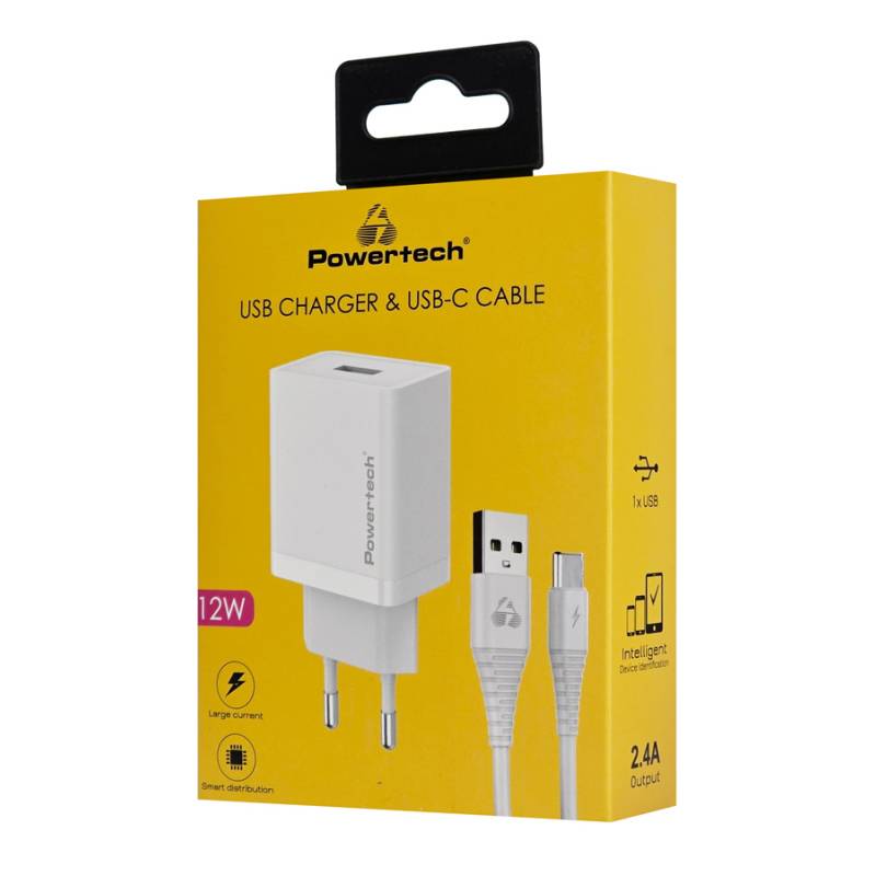 Powertech φορτιστής τοίχου PT-1322 με καλώδιο USB-C, USB, 12W, λευκός – φωτογραφία 2