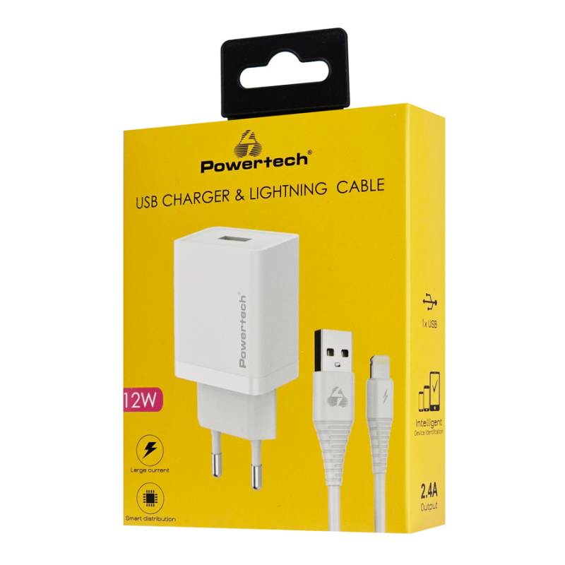 Powertech φορτιστής τοίχου PT-1323 με καλώδιο Lightning, USB, 12W, λευκός – φωτογραφία 2
