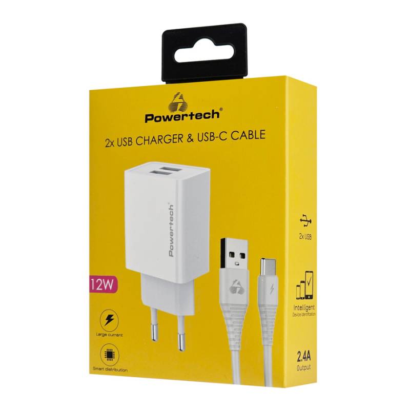 Powertech φορτιστής τοίχου PT-1324 με καλώδιο USB-C, 2x USB, 12W, λευκός – φωτογραφία 2