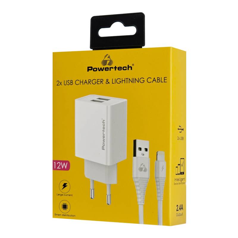 Powertech φορτιστής τοίχου PT-1325 με καλώδιο Lightning, 2x USB, 12W, λευκός – φωτογραφία 2
