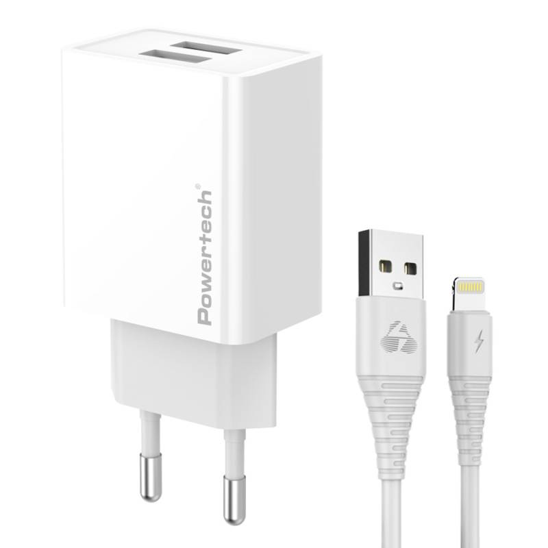 Powertech φορτιστής τοίχου PT-1325 με καλώδιο Lightning, 2x USB, 12W, λευκός