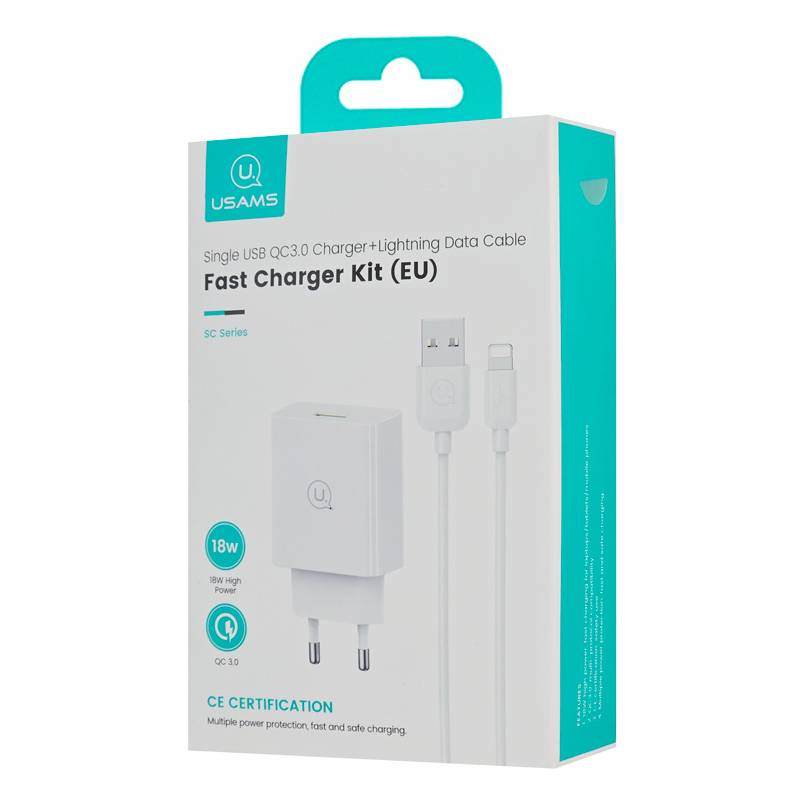 USAMS φορτιστής τοίχου SCXLTZ03 με καλώδιο Lightning, USB, 18W, λευκός – φωτογραφία 4