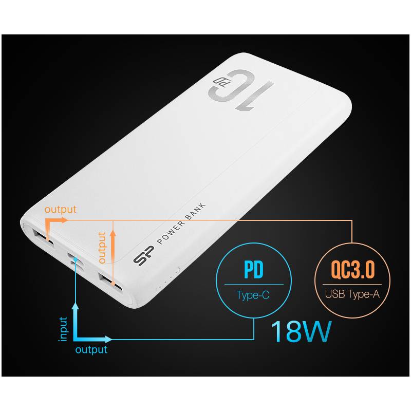 Silicon Power power bank QP15, 10000mAh, 2x USB & USB Type-C, 3A, λευκό – φωτογραφία 2