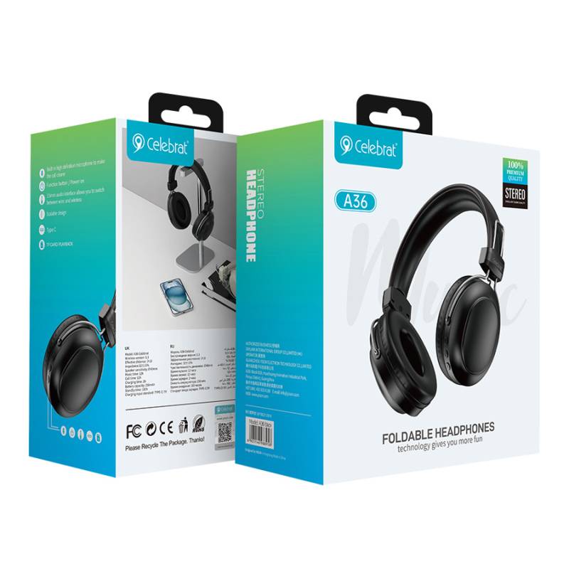 Celebrat headphones A36, ασύρματα & ενσύρματα, micro SD, 40mm, 250mAh, μαύρα – φωτογραφία 5