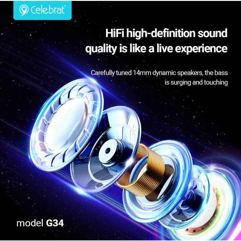 Celebrat earphones με μικρόφωνο G34, 3.5mm σύνδεση, 14mm, 1.2m, μαύρα – φωτογραφία 3