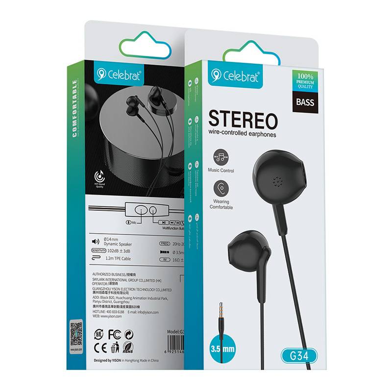 Celebrat earphones με μικρόφωνο G34, 3.5mm σύνδεση, 14mm, 1.2m, μαύρα – φωτογραφία 4