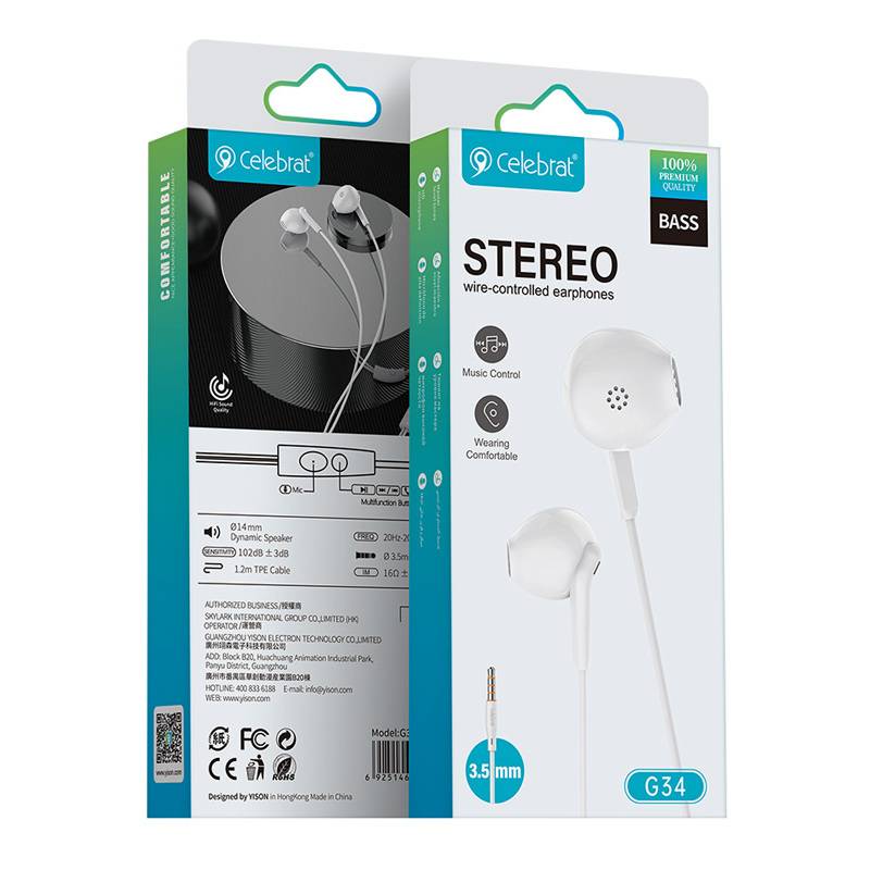 Celebrat earphones με μικρόφωνο G34, 3.5mm σύνδεση, 14mm, 1.2m, λευκά – φωτογραφία 4