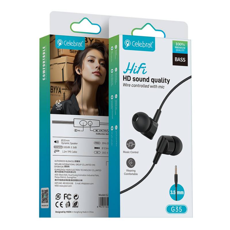 Celebrat earphones με μικρόφωνο G35, 3.5mm σύνδεση, 10mm, 1.2m, μαύρα – φωτογραφία 5