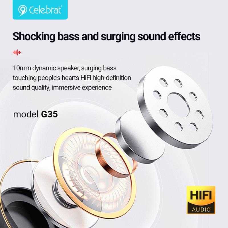 Celebrat earphones με μικρόφωνο G35, 3.5mm σύνδεση, 10mm, 1.2m, λευκά – φωτογραφία 3
