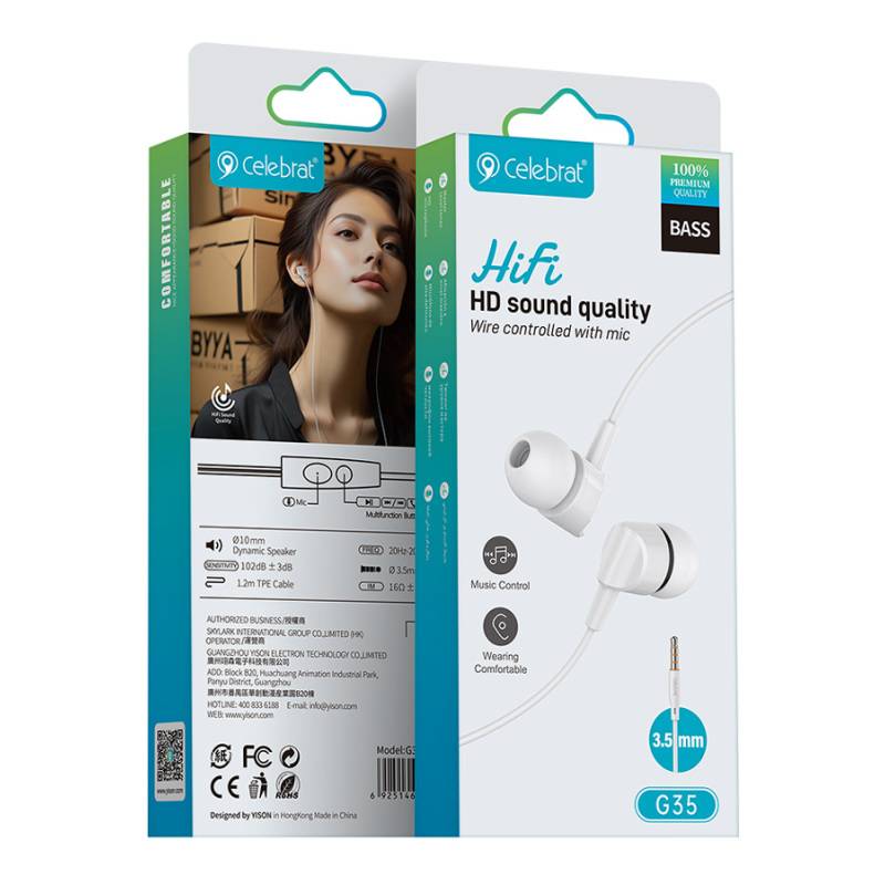 Celebrat earphones με μικρόφωνο G35, 3.5mm σύνδεση, 10mm, 1.2m, λευκά – φωτογραφία 5