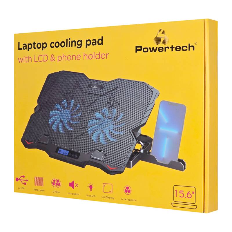 Powertech βάση & ψύξη laptop PT-1346, έως 15.6", 2x 125mm LED fan, μαύρη – φωτογραφία 6