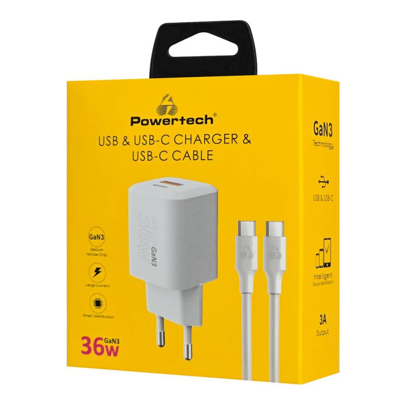 Powertech φορτιστής τοίχου PT-1351 με καλώδιο, USB/USB-C, 36W, GaN, λευκός – φωτογραφία 2