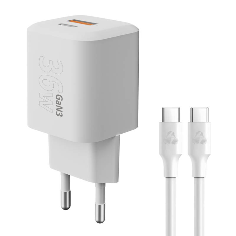 Powertech φορτιστής τοίχου PT-1351 με καλώδιο, USB/USB-C, 36W, GaN, λευκός