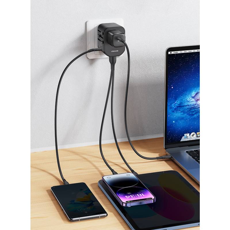 USAMS φορτιστής/αντάπτορας πρίζας US-CC179, USB-C & 2x USB, universal, 20W, μαύρος – φωτογραφία 2