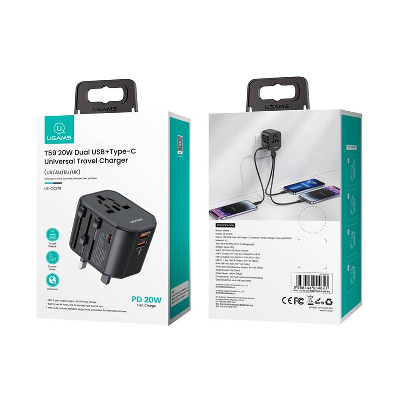 USAMS φορτιστής/αντάπτορας πρίζας US-CC179, USB-C & 2x USB, universal, 20W, μαύρος – φωτογραφία 3