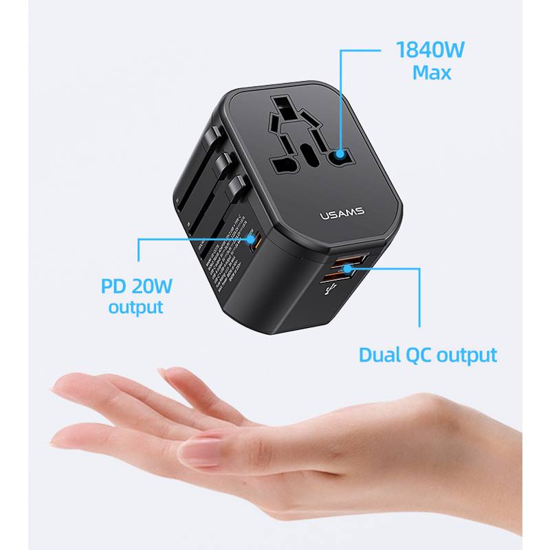 USAMS φορτιστής/αντάπτορας πρίζας US-CC179, USB-C & 2x USB, universal, 20W, μαύρος – φωτογραφία 4