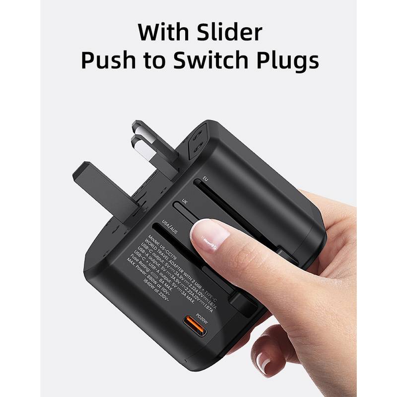 USAMS φορτιστής/αντάπτορας πρίζας US-CC179, USB-C & 2x USB, universal, 20W, μαύρος – φωτογραφία 6