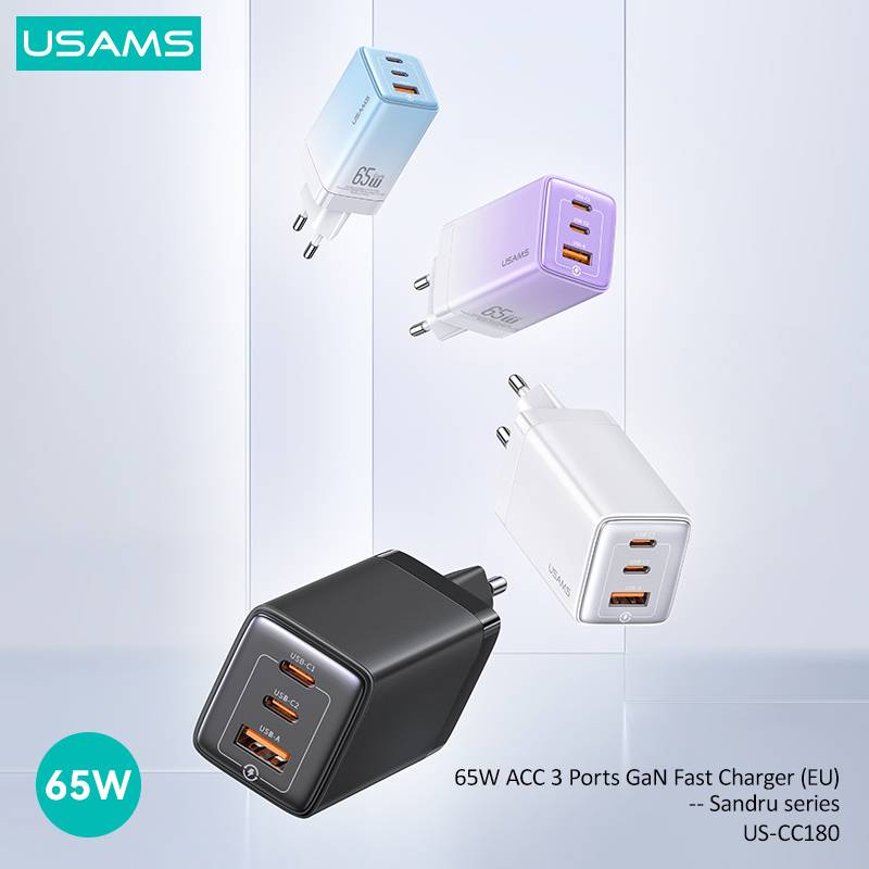 USAMS φορτιστής τοίχου US-CC180, USB & 2x USB-C, 65W PD, GaN, μαύρος – φωτογραφία 2