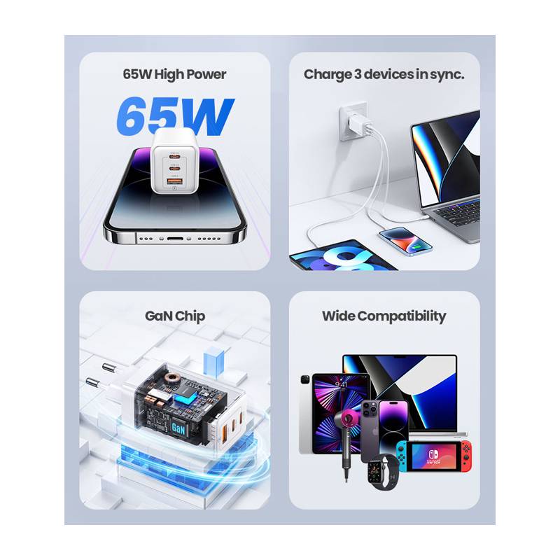 USAMS φορτιστής τοίχου US-CC180, USB & 2x USB-C, 65W PD, GaN, μαύρος – φωτογραφία 3