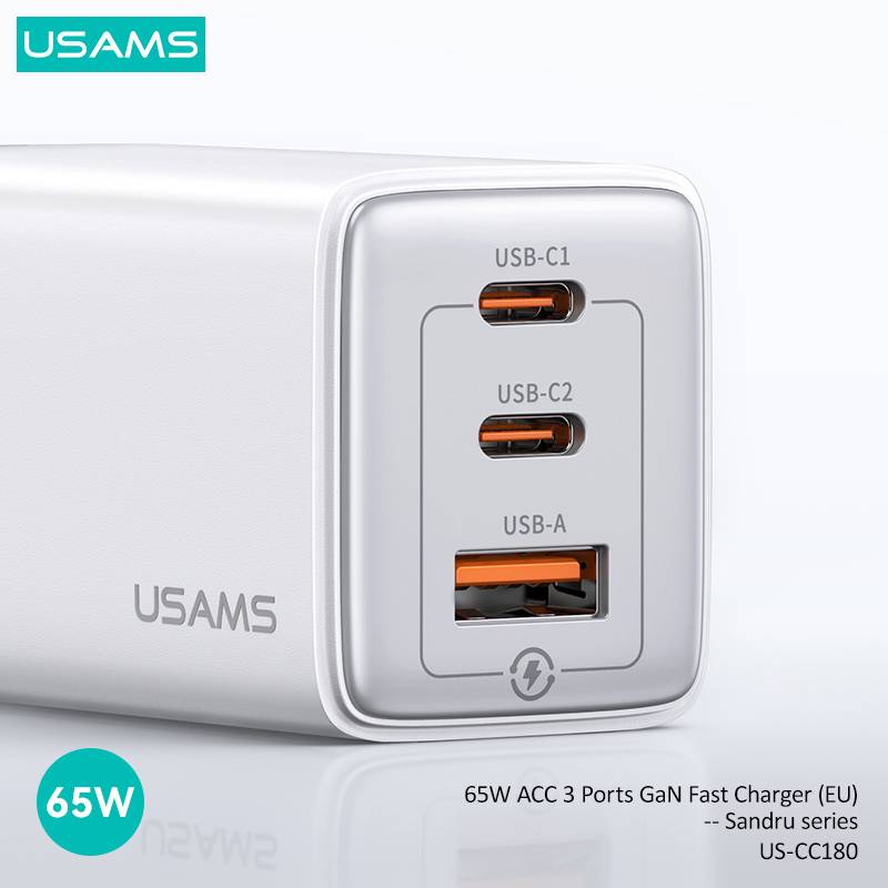 USAMS φορτιστής τοίχου US-CC180, USB & 2x USB-C, 65W PD, GaN, μαύρος – φωτογραφία 4