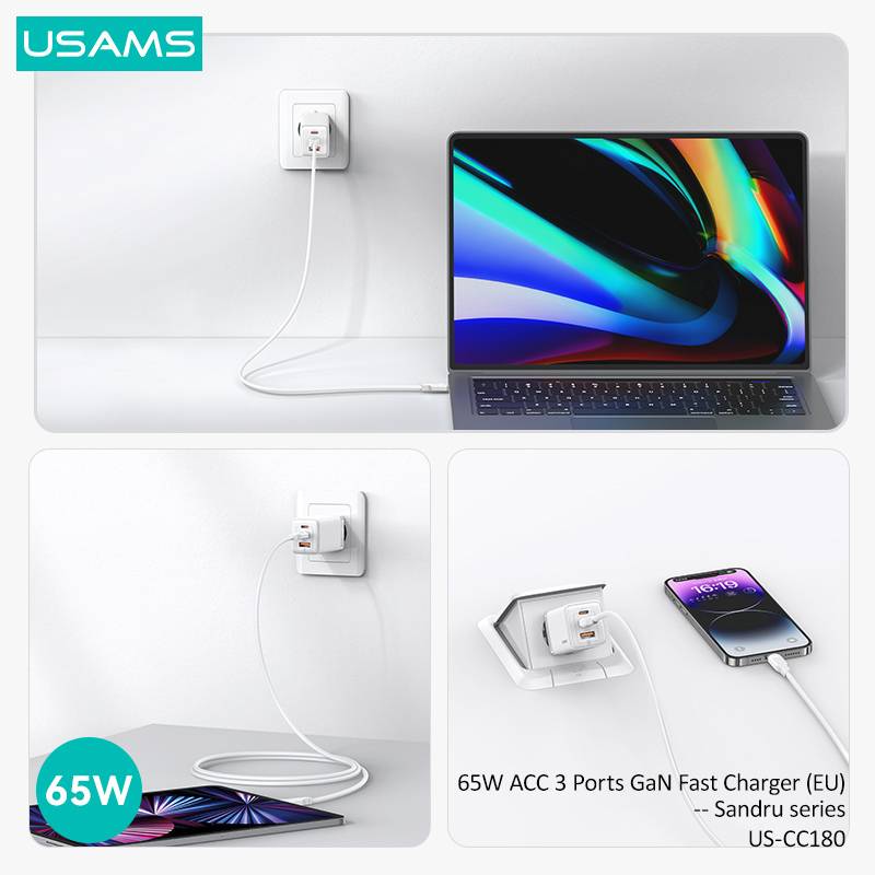 USAMS φορτιστής τοίχου US-CC180, USB & 2x USB-C, 65W PD, GaN, μαύρος – φωτογραφία 5