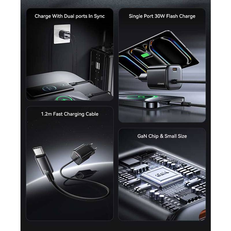 USAMS φορτιστής τοίχου CC264 με καλώδιο, USB-C, 30W, GaN, μαύρος – φωτογραφία 3