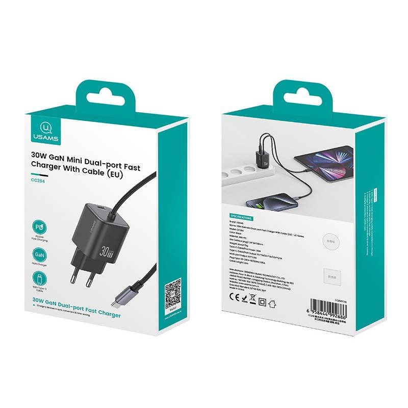 USAMS φορτιστής τοίχου CC264 με καλώδιο, USB-C, 30W, GaN, μαύρος – φωτογραφία 5