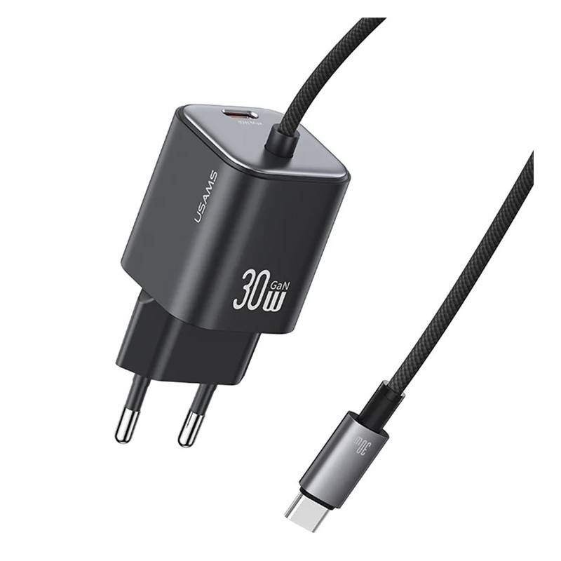 USAMS φορτιστής τοίχου CC264 με καλώδιο, USB-C, 30W, GaN, μαύρος