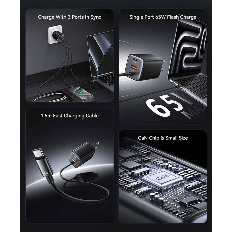 USAMS φορτιστής τοίχου CC266 με καλώδιο, USB & USB-C, 65W, GaN, μαύρος – φωτογραφία 3