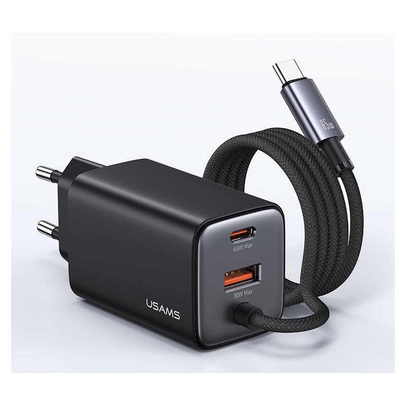 USAMS φορτιστής τοίχου CC266 με καλώδιο, USB & USB-C, 65W, GaN, μαύρος – φωτογραφία 4
