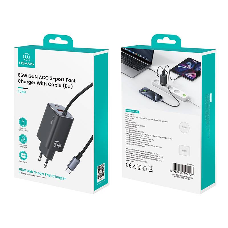USAMS φορτιστής τοίχου CC266 με καλώδιο, USB & USB-C, 65W, GaN, μαύρος – φωτογραφία 5