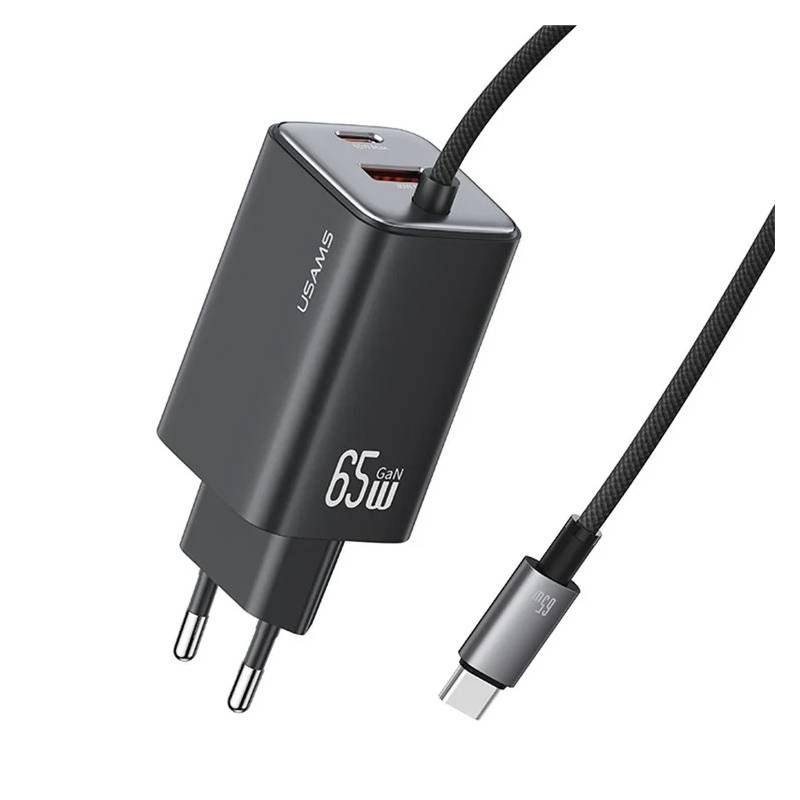USAMS φορτιστής τοίχου CC266 με καλώδιο, USB & USB-C, 65W, GaN, μαύρος