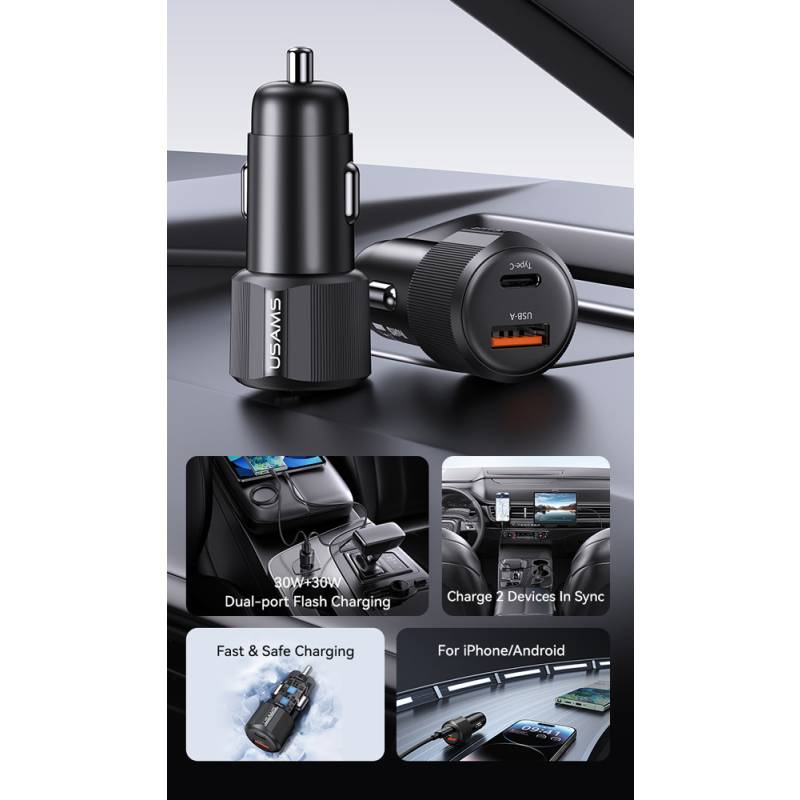 USAMS φορτιστής αυτοκινήτου CC283, USB & USB-C, 60W, μαύρος – φωτογραφία 3