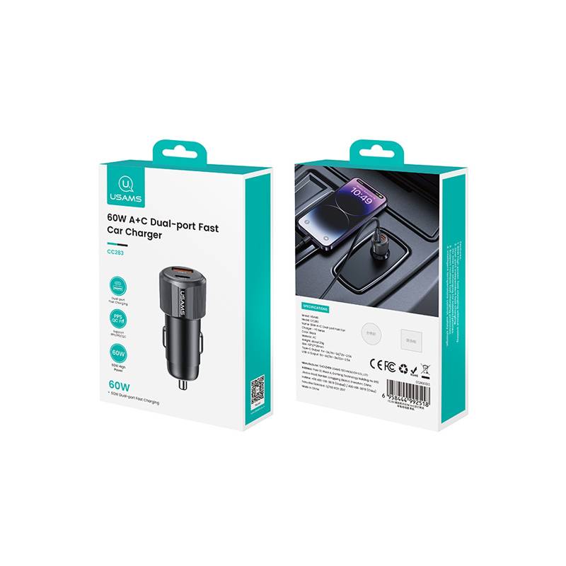 USAMS φορτιστής αυτοκινήτου CC283, USB & USB-C, 60W, μαύρος – φωτογραφία 5