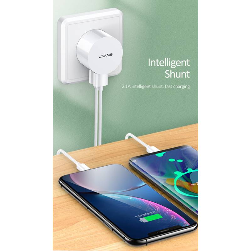 USAMS φορτιστής τοίχου T20, 2x USB, 2.1A, λευκός – φωτογραφία 2